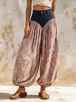 Bohemian-style Patchwork Lantern Pants Featuring Denim And Paisley Patterns.