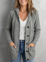 Casual Hooded Cable-knit Cotton-blend Cardigan