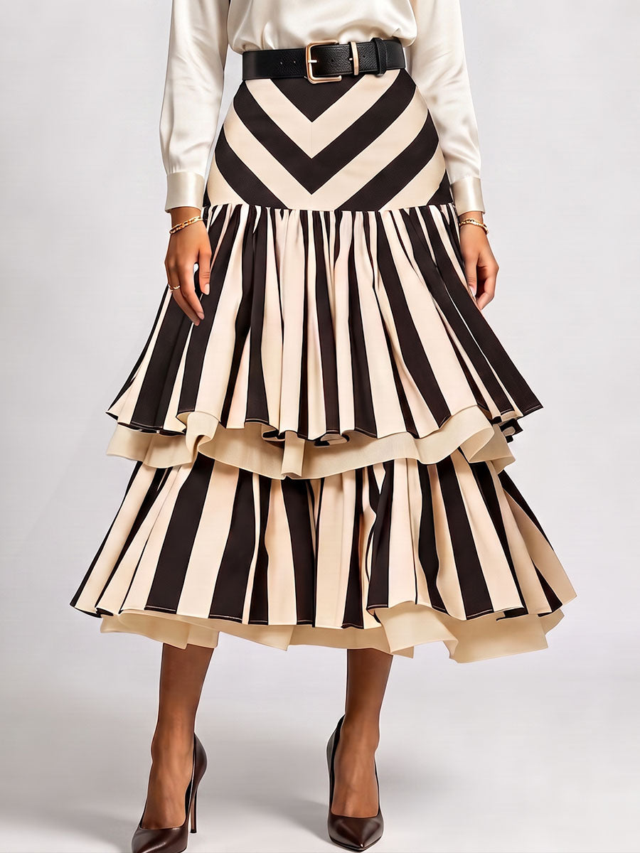 Women's High-waisted Casual Loose Striped Print Double-layer A-line Skirt