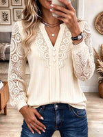 Women's V-Neck Ribbed Knit Top with Crochet Lace Sleeves