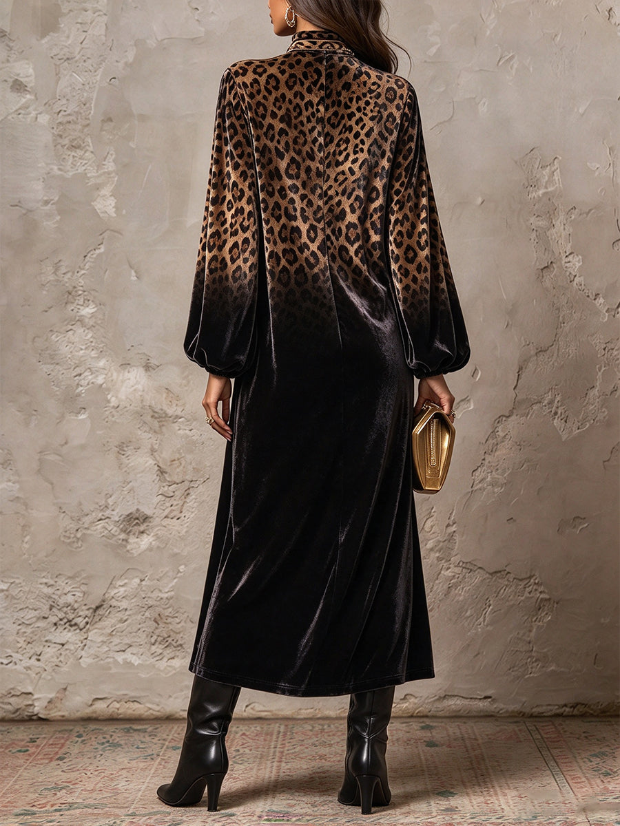 Gradient Leopard Print Velvet Maxi Dress