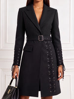 Chic Black Lace-Up Detailed Trench Coat Dress