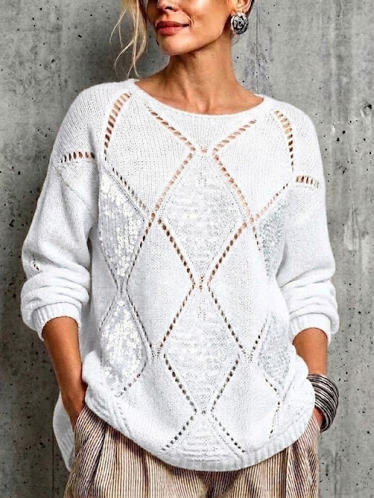 Loose-fit Knit Sweater With Diamond Cutouts And Sequin Embellishments