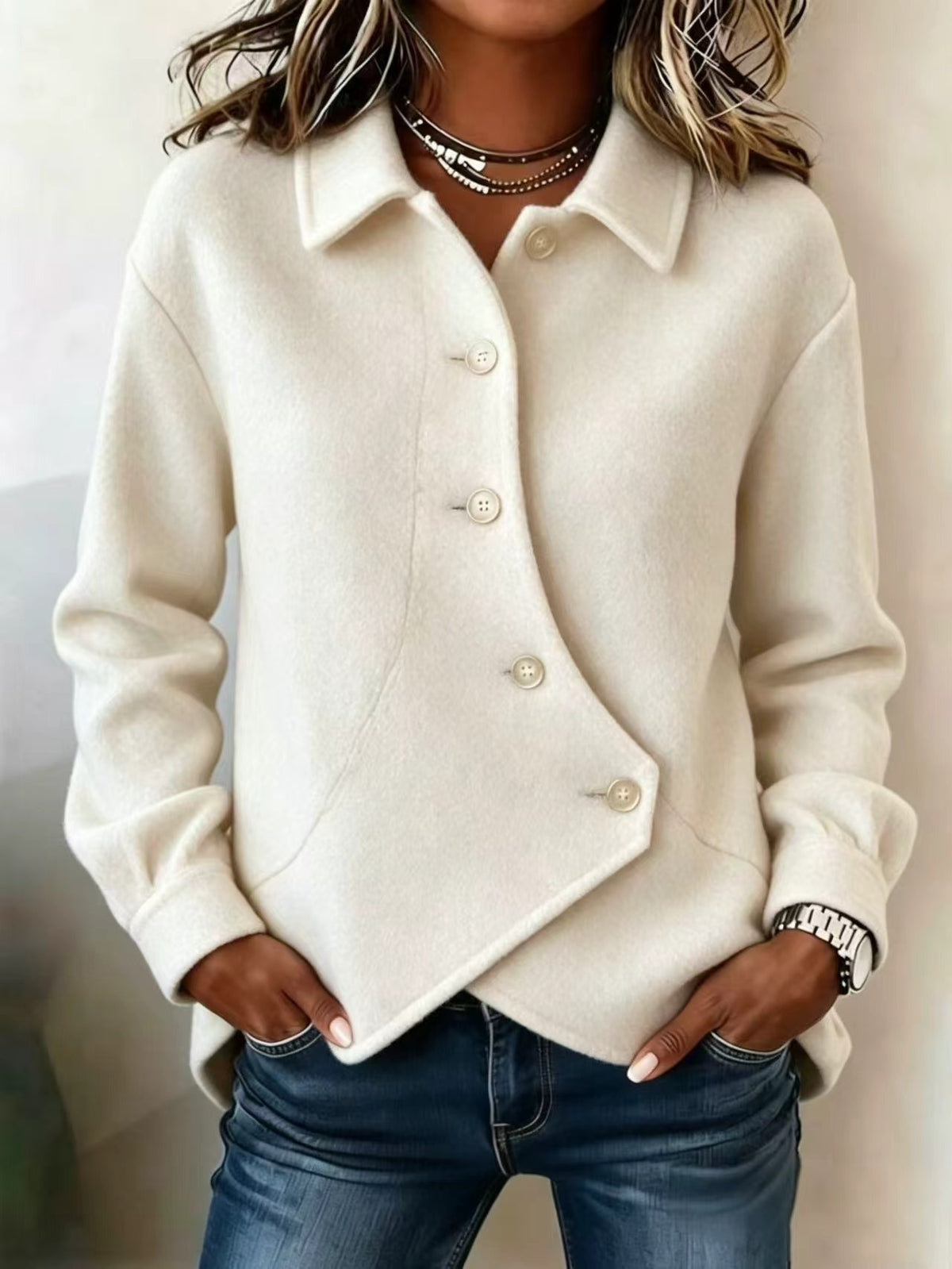 Casual Wool-blend Coat With Asymmetric Front