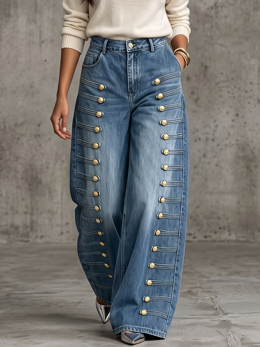 Casual Military-style Jeans With Metal Buttons