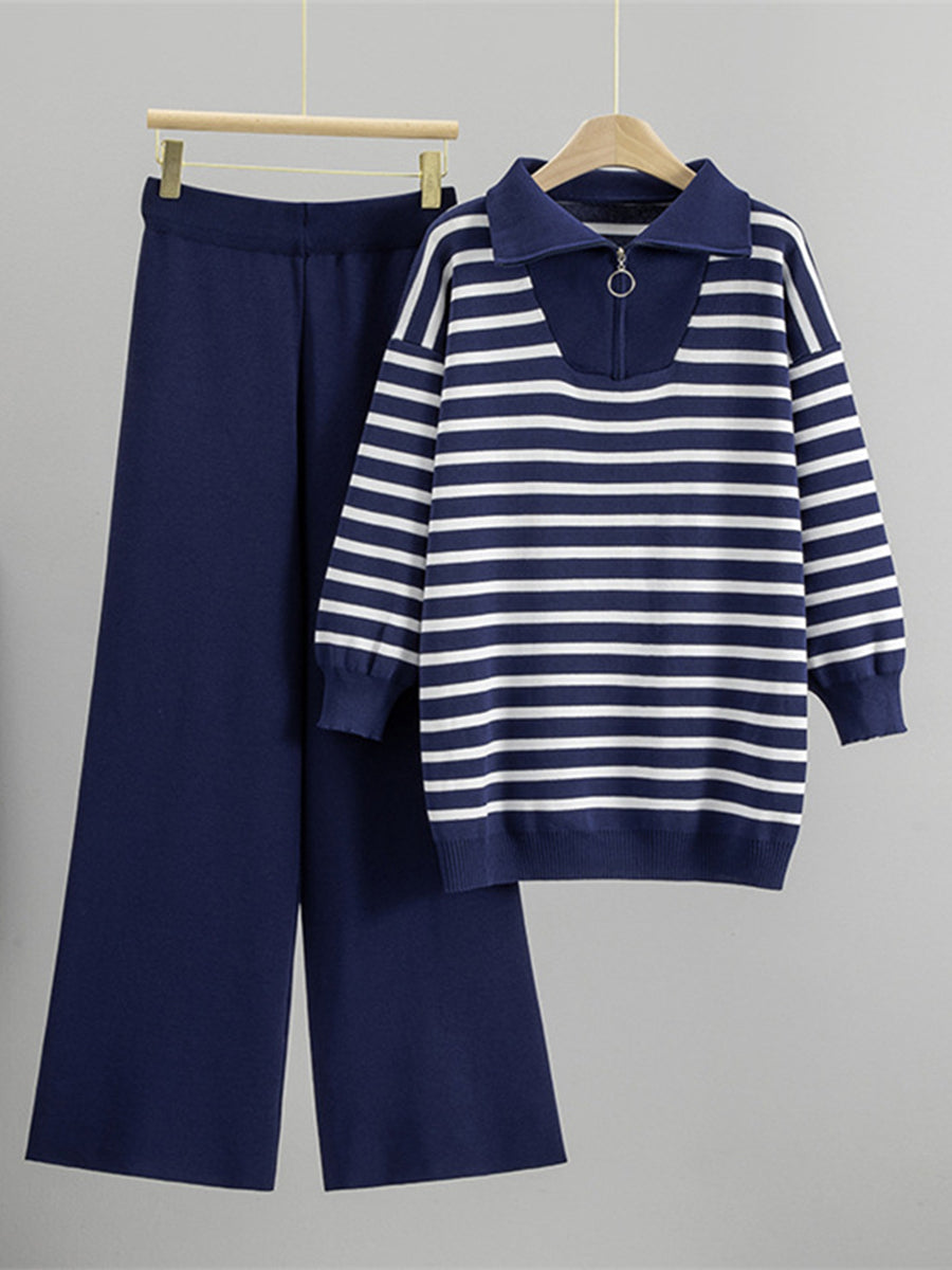 Cozy And Casual Two-piece Set Featuring A Striped Half-zip Knit Pullover And Solid-color Knit Trousers.