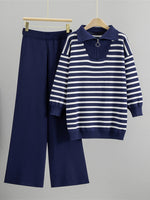 Cozy And Casual Two-piece Set Featuring A Striped Half-zip Knit Pullover And Solid-color Knit Trousers.