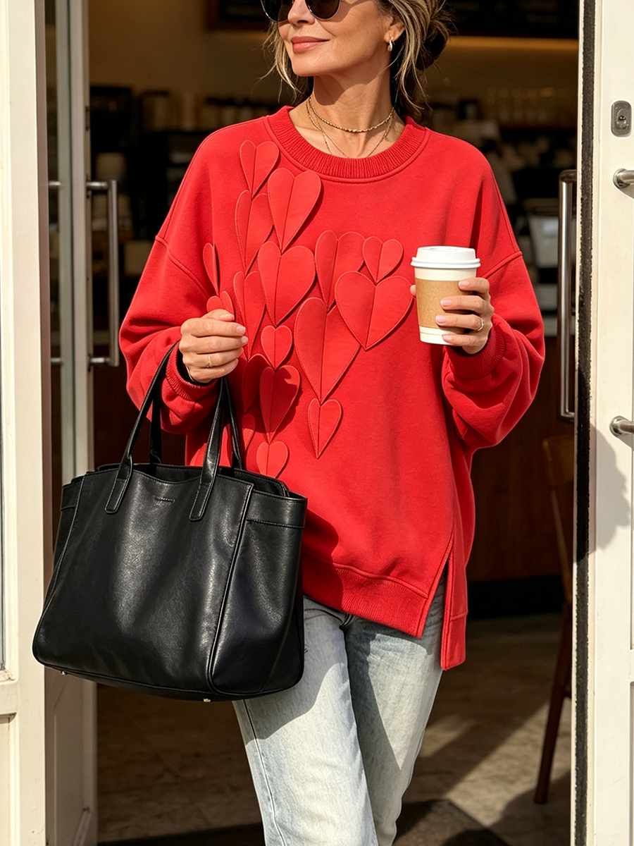 Cozy Stylish 3d Heart Red Oversized Sweatshirt