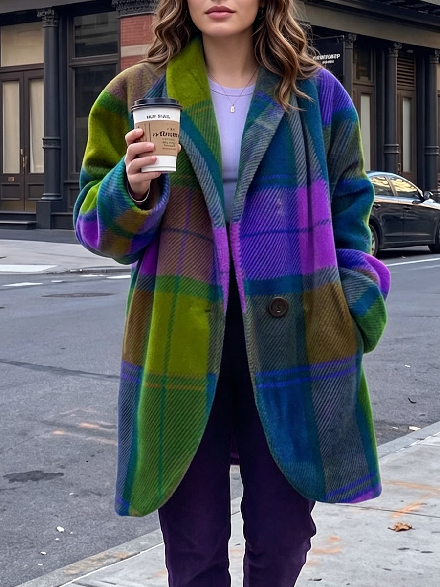 Loose-fit Casual Colorful Plaid Coat