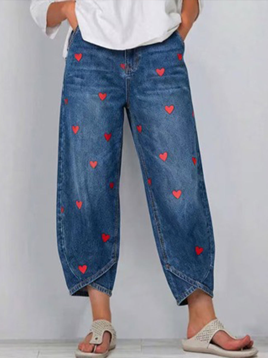 Casual Heart-print Jeans
