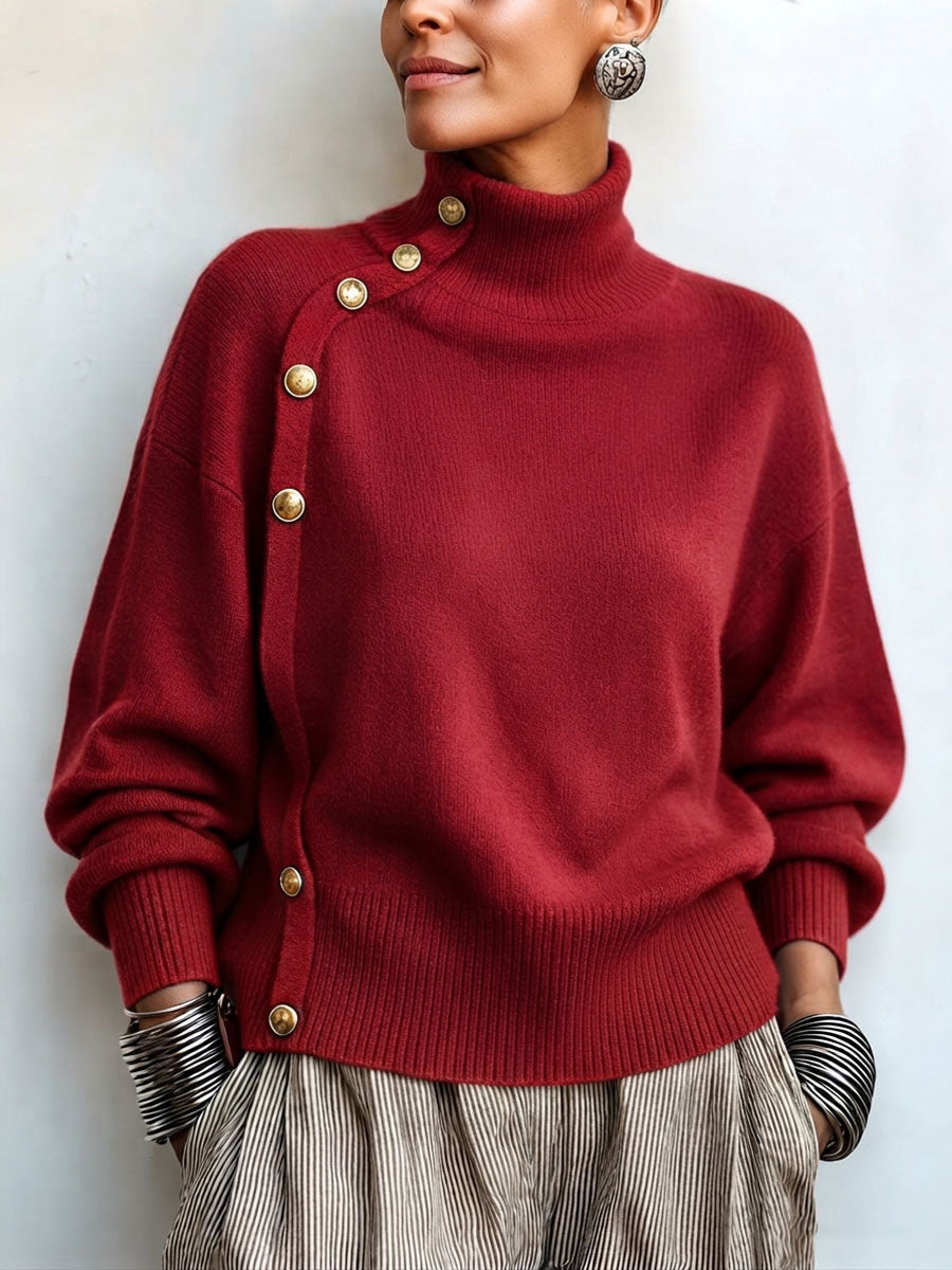 Chic Elegant Asymmetrical Button Turtleneck Sweater