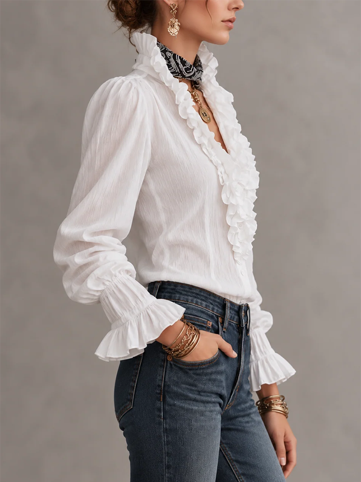 Elegant Ruffle Trim Ruffle Cotton Blend Top