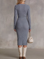 Women's Solid Color V-neck Long Sleeve Casual Loose Slit Knit Dress