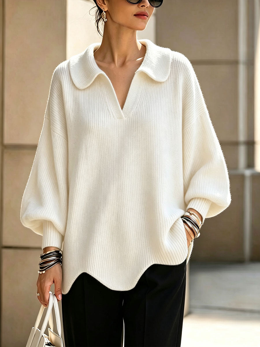 Women's Solid Color Collared Long-sleeved Casual Loose Pullover Knit Sweater