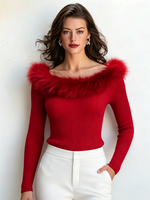 Elegant Faux Fur Trim Red Off-shoulder Top