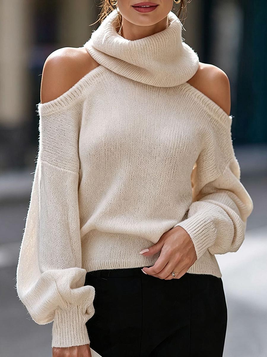 Women's Solid Color Stand Collar Off-shoulder Long Sleeve Casual Loose Knit Sweater