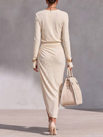 Women's Solid Color Round Neck Long Sleeve Casual Loose Slit Knitted Dress