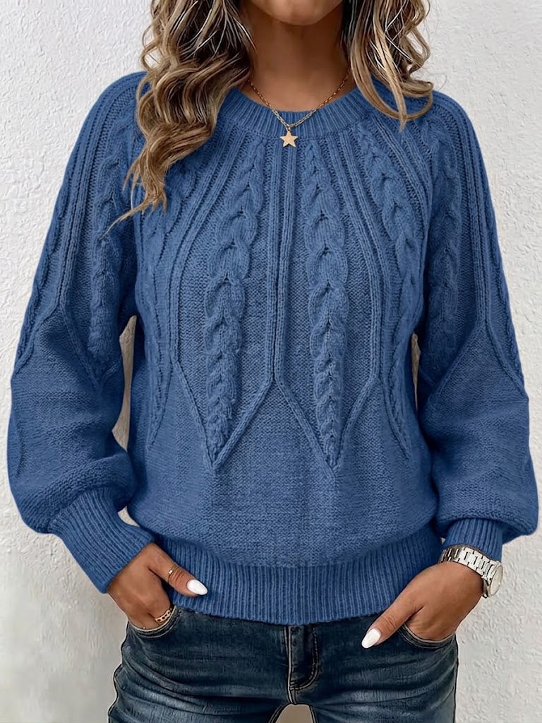 Vertical Cable Knit Raglan Balloon‑sleeve Crew Neck Sweater