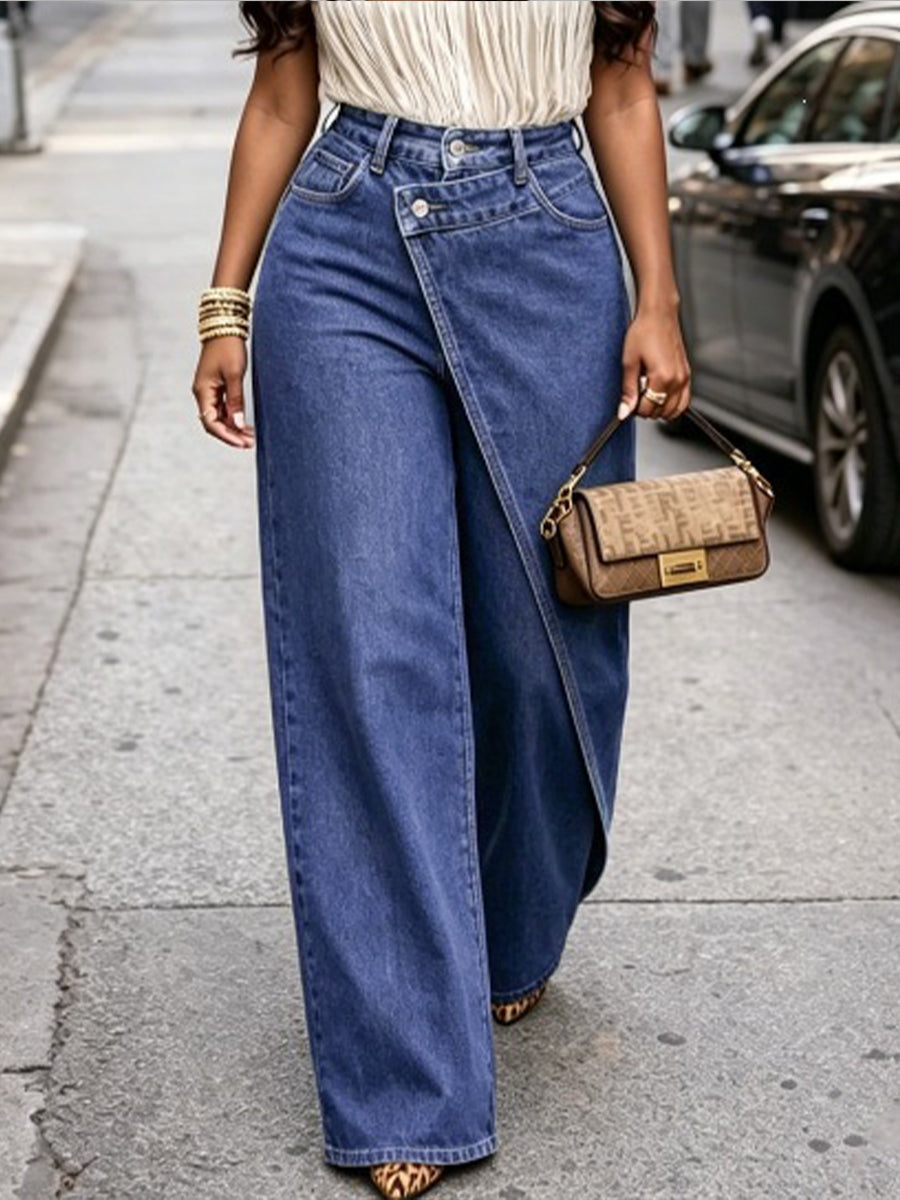 Casual Wide-leg Jeans With An Asymmetric Overlapping Front
