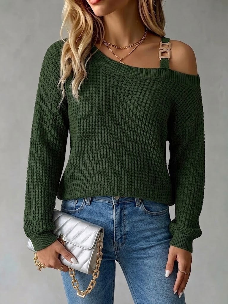 Casual Off-shoulder Pullover Sweater With Metal Buckle And Lantern Sleeves