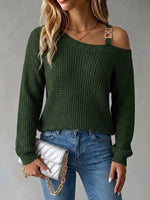 Casual Off-shoulder Pullover Sweater With Metal Buckle And Lantern Sleeves