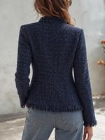 Chic Navy Blue Fringed Tweed Jacket
