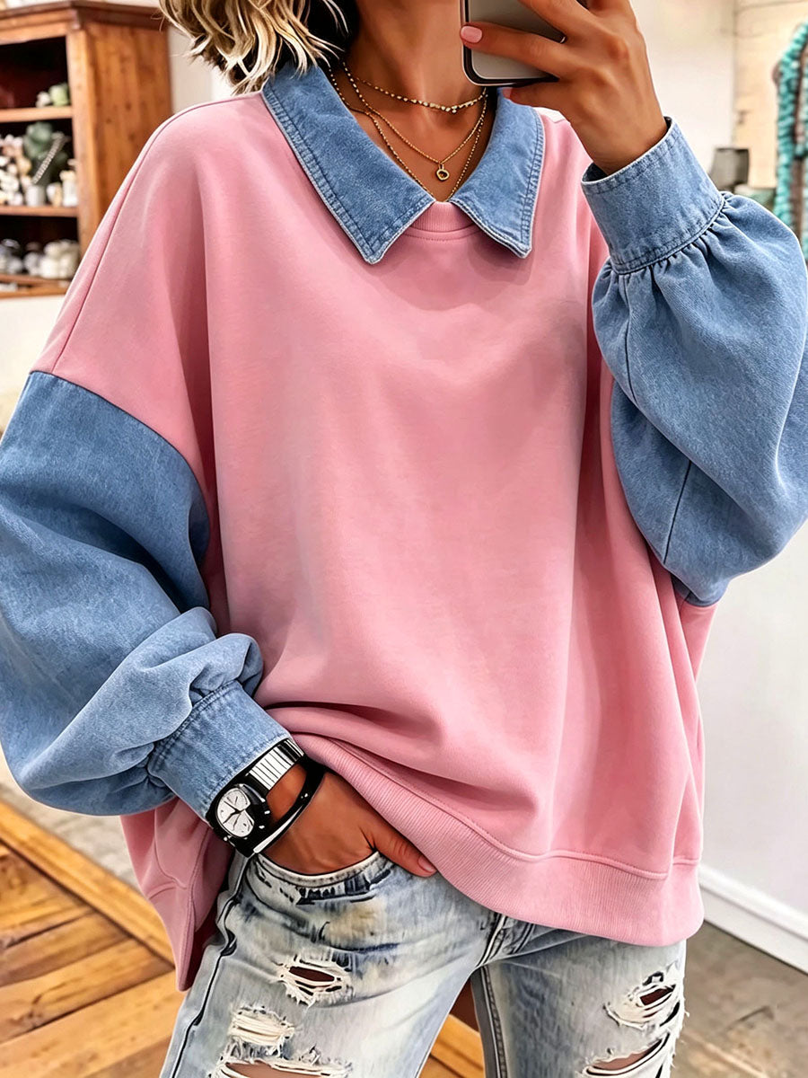 Chic Pink And Denim Peter Pan Collar Colorblock Sweatshirt