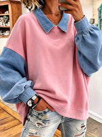 Chic Pink And Denim Peter Pan Collar Colorblock Sweatshirt