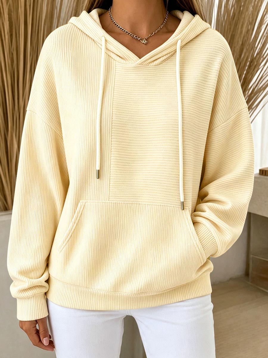 Women's Casual Ribbed Knit Pullover Hoodie With Kangaroo Pocket