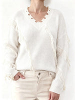 Women's Solid Color V-neck Long-sleeved Casual Loose Tassel Pullover Knit Sweater