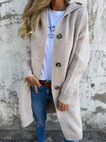 Women's Solid Color Collared Long Sleeve Casual Loose Hooded Knit Cardigan