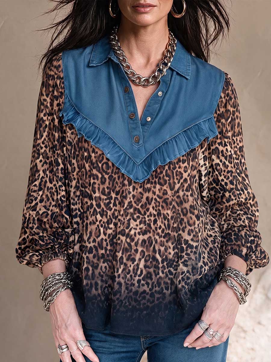 Women's Denim Collared 3/4 Sleeve Leopard Print Patchwork Casual Loose Top