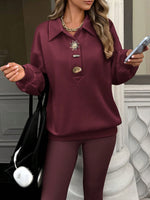 Chic Burgundy Buttoned Collared Sweatshirt
