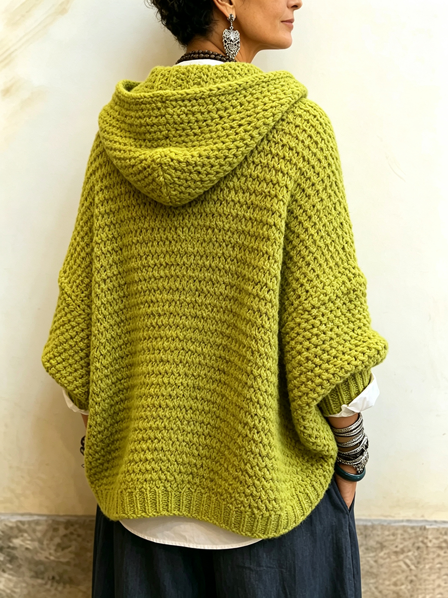 Relaxed Chic Green Knitted Hooded Crossover Sweater