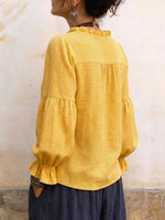 Women's V-neck Ruffle Trim Waffle Knit Button-down Top