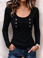 Women's Ribbed Long Sleeve Scoop Neck Top With Button Details