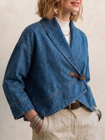 Women's Casual Loose-fit Denim Jacket With Lapel And Long Sleeves