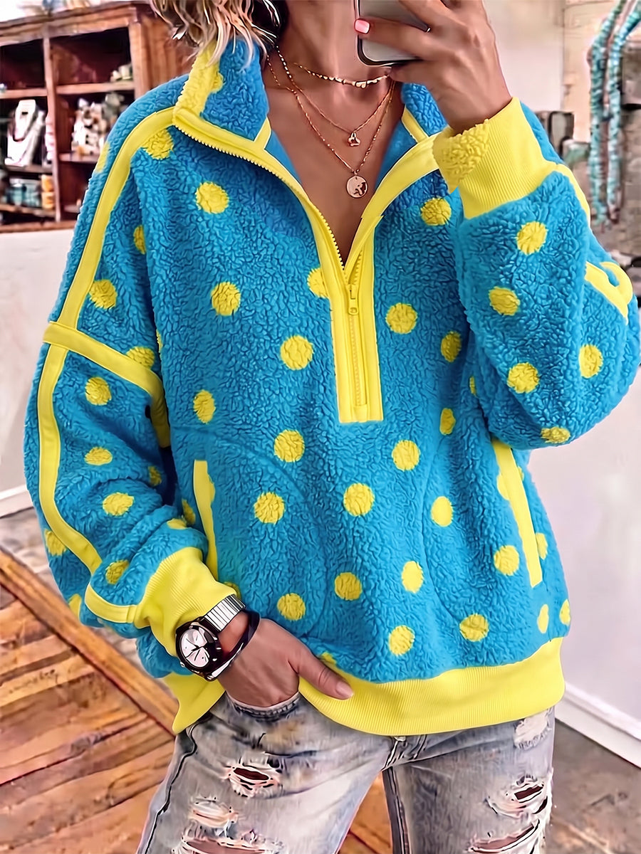Cozy Blue and Yellow Polka Dot Fuzzy Pullover