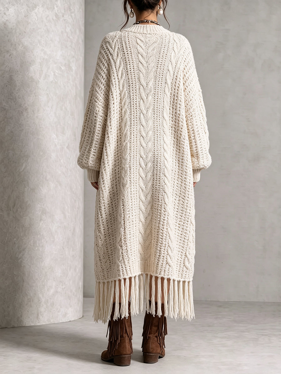 Boho Chic Cable-Knit Fringe Long Cardigan