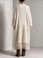 Boho Chic Cable-Knit Fringe Long Cardigan