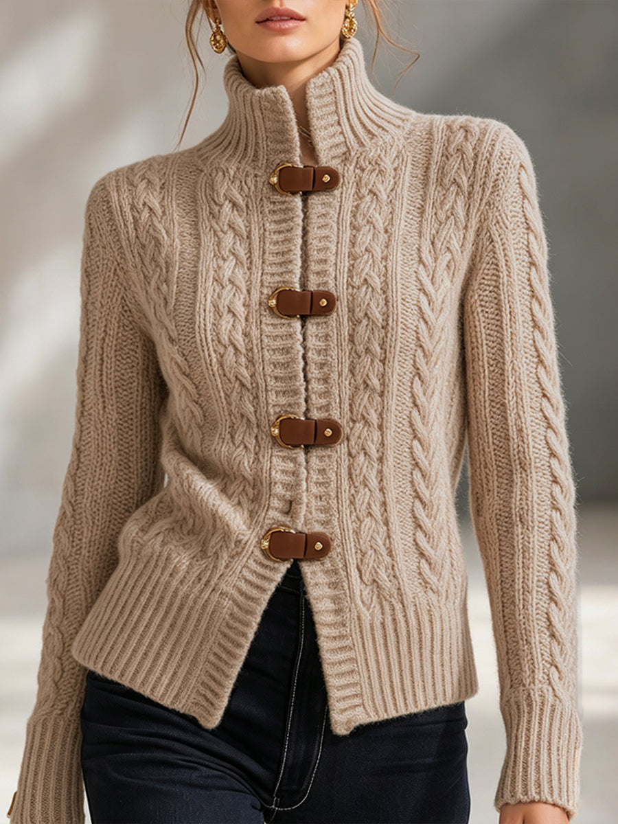 Chic Cable-knit Cardigan With Leather Button Details