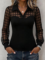Grid Mesh Spliced Collared Fitted Long Sleeve Top