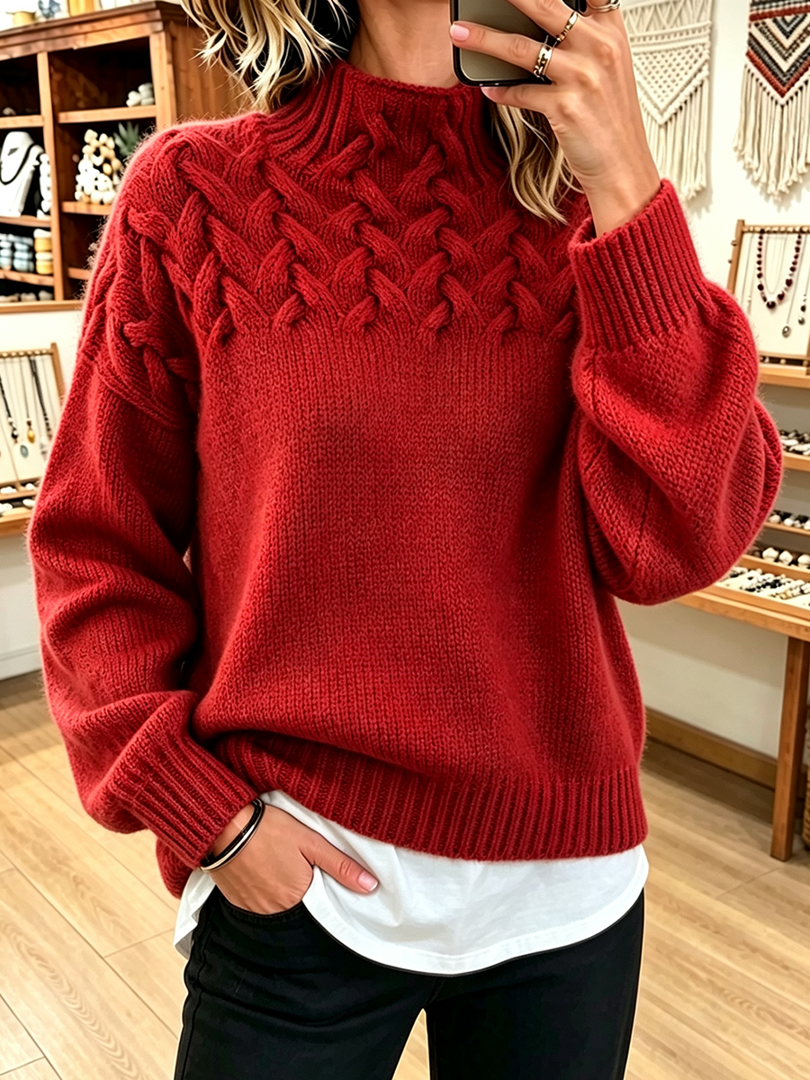 Chic Cozy Basketweave Cable-knit Mock Neck Sweater