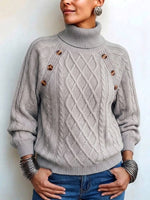 Casual Solid-color Cable-knit Turtleneck Pullover Sweater With Lantern Sleeves