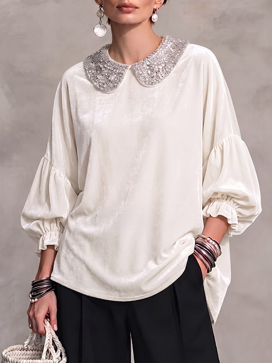 Rhinestone Embellished Collar Velvet Blouse