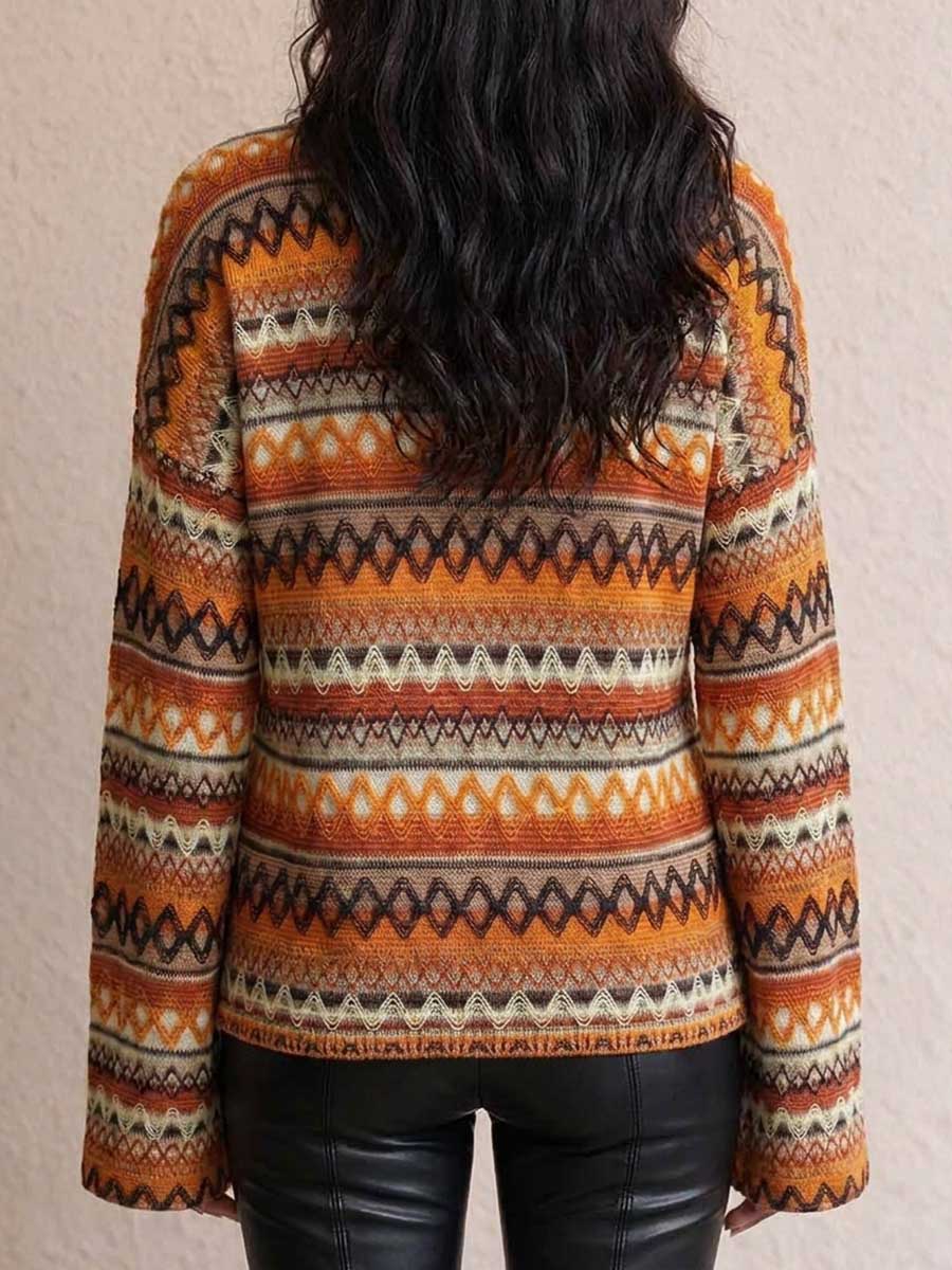 Women's Geometric Print Round Neck Long-sleeved Casual Loose Knit Pullover