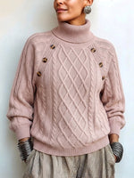 Casual Solid-color Cable-knit Turtleneck Pullover Sweater With Lantern Sleeves