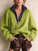Women's Lime Green Fuzzy Quarter-zip Pullover Sweater