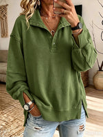 Casual Oversized Raw-edge Cotton Henley Sweatshirt