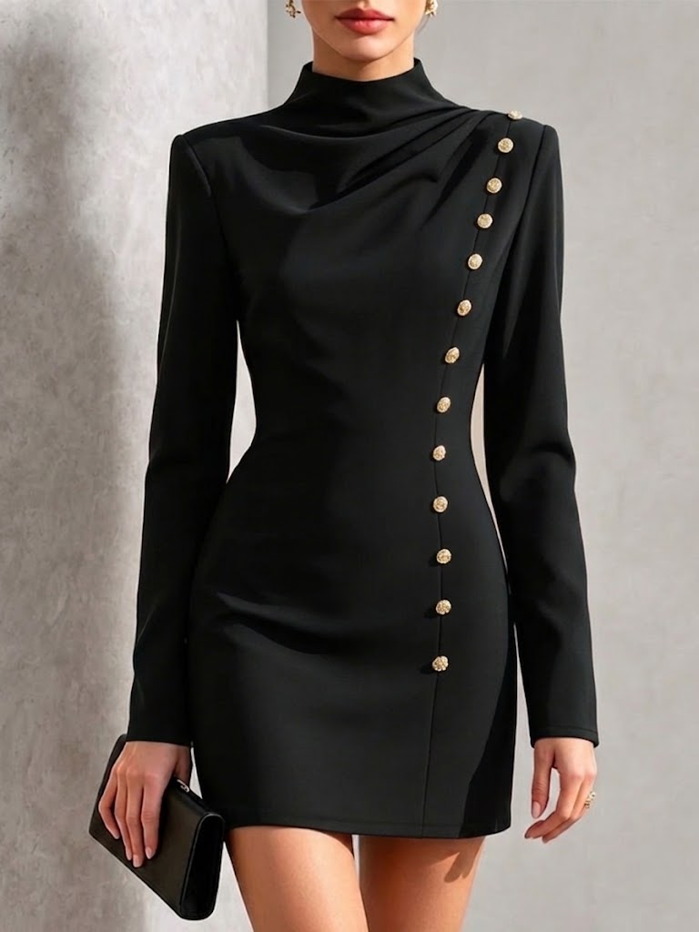Long-sleeve, Slim-fit Mini Dress Featuring A Mock Neck And Decorative Gold Buttons On The Side